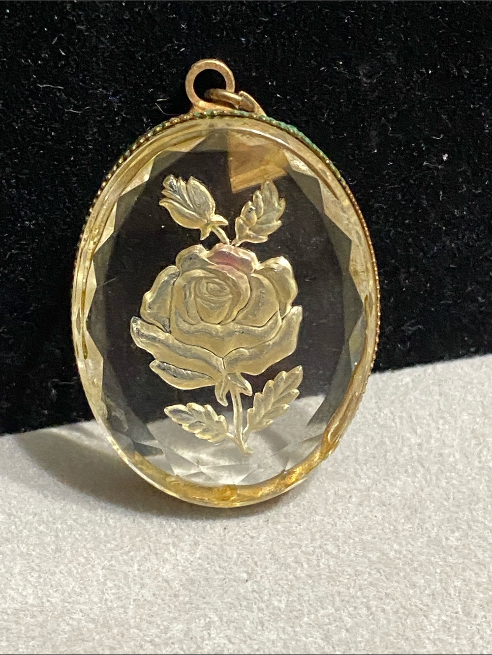 VTG Etched Lucite Rose Pendant with Gold Accents